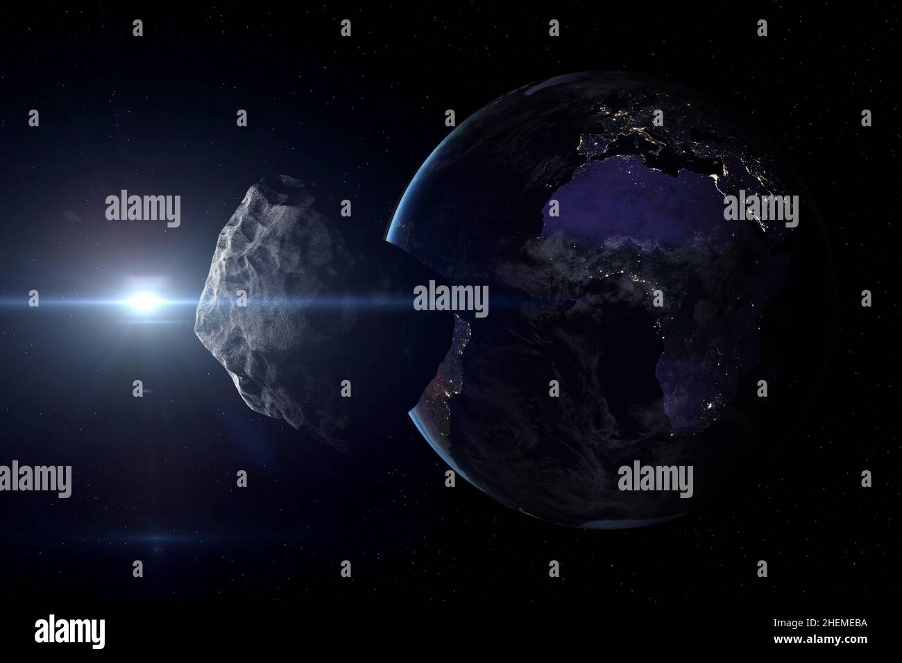 Asteroide che si avvicina al pianeta Terra dal lato della notte. Europa, Africa e Asia di notte viste dallo spazio. Elementi di questa immagine forniti dalla NASA. Foto Stock