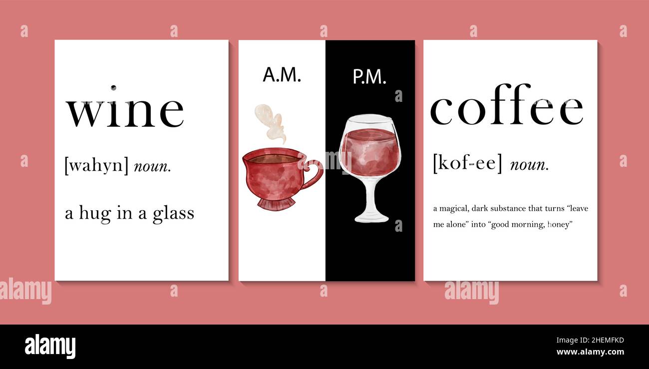 Tazza di caffè e bicchiere di vino tempo. Prima di mezzogiorno e nel pomeriggio. Poster con caffè e vino per caffè, ristorante e bar. Illustrazione Vettoriale