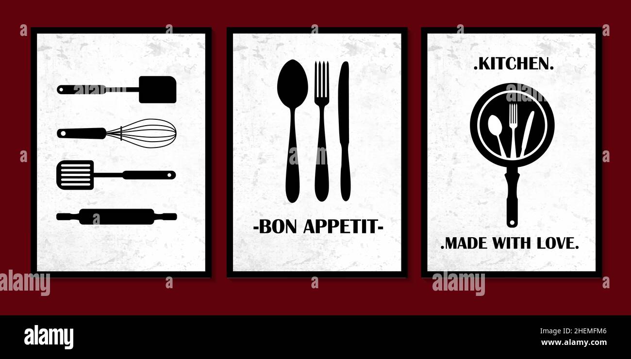 Set poster per cucina. Realizzato con amore. Bon Appetit. İllustration. Illustrazione Vettoriale