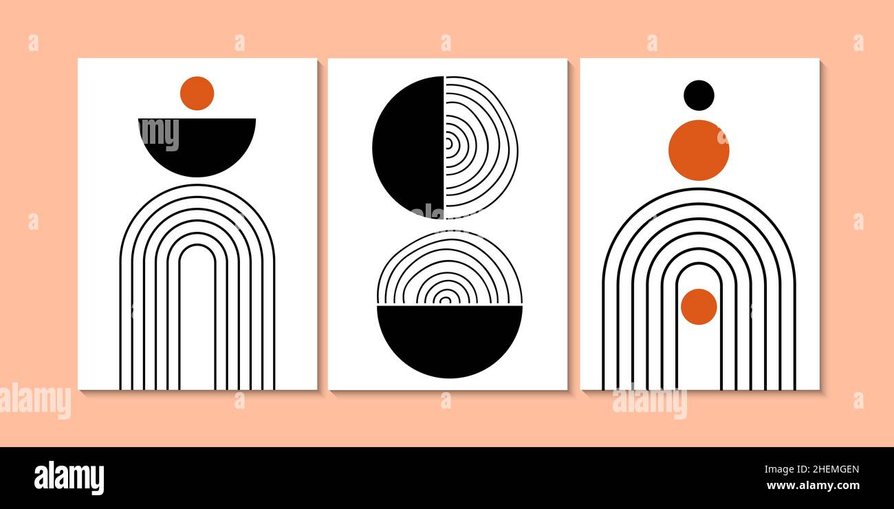 Set di poster astratto in bianco e nero con forme geometriche. Moderno boho minimalista art. Arredamento a parete, copertina, stampa, biglietto. Illustrazione vettoriale. Illustrazione Vettoriale