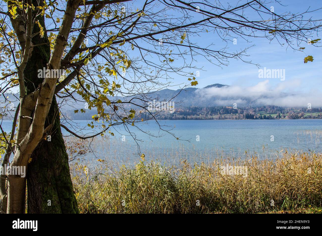 Lago di Tegernsee in alta Baviera a fine autunno con vista sul monte Hirschberg in una giornata limpida Foto Stock
