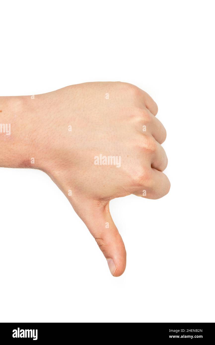 pollice giù segno con mano che mostra segno negativo Foto Stock