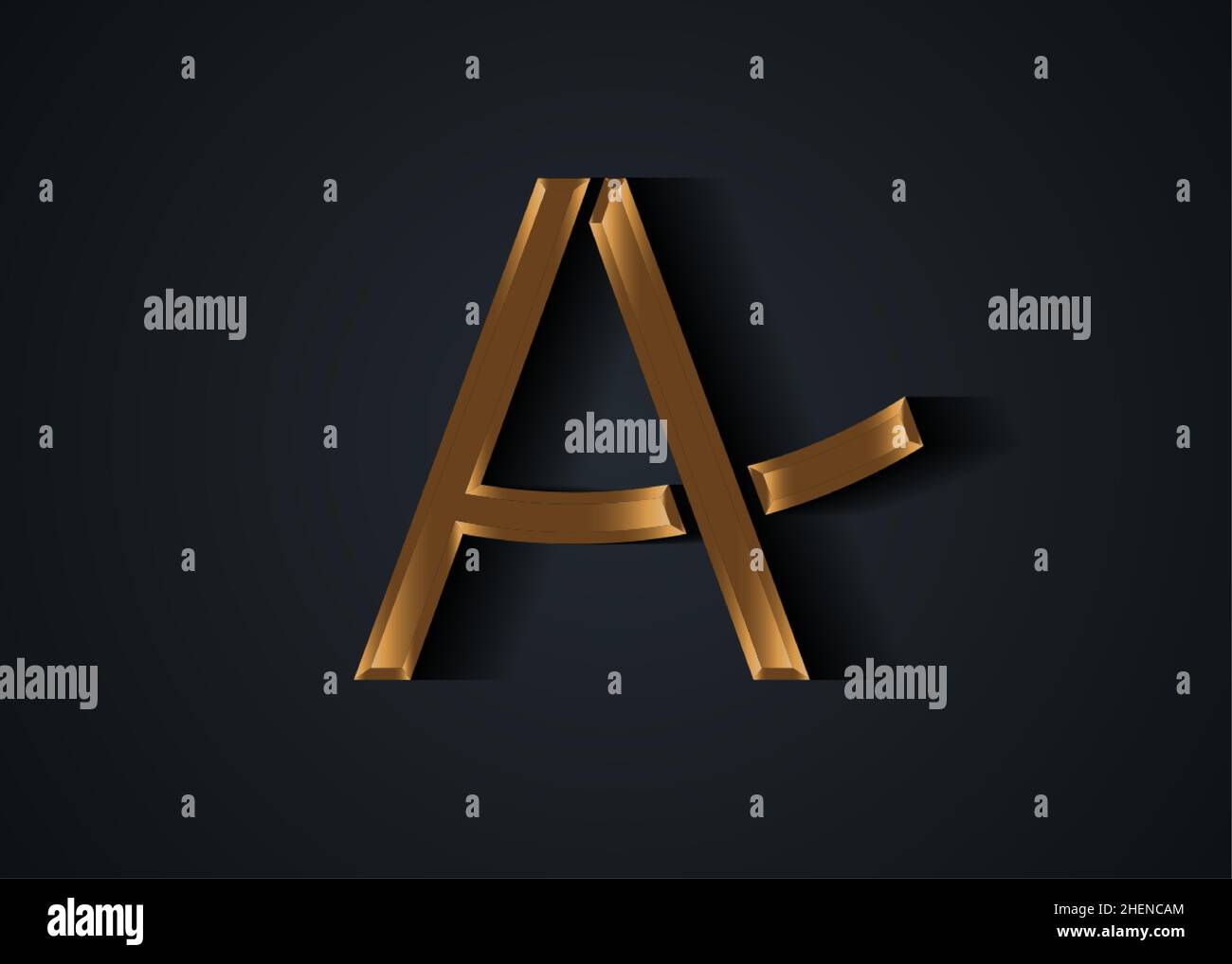 Lettera A simbolo stilizzato 3D dorato con ombra, modello di logo minimal oro. Icona della lettera vettoriale isolata su sfondo nero Illustrazione Vettoriale