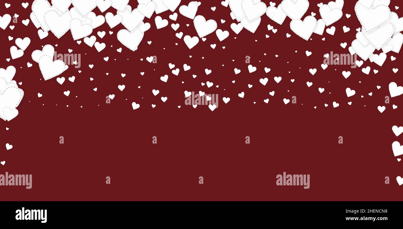 Cuore bianco amore confettis. San Valentino caduta pioggia sfondo favorevole. I cuori di carta cuciti cadenti si confettano su sfondo maroon. Elegante ve Illustrazione Vettoriale