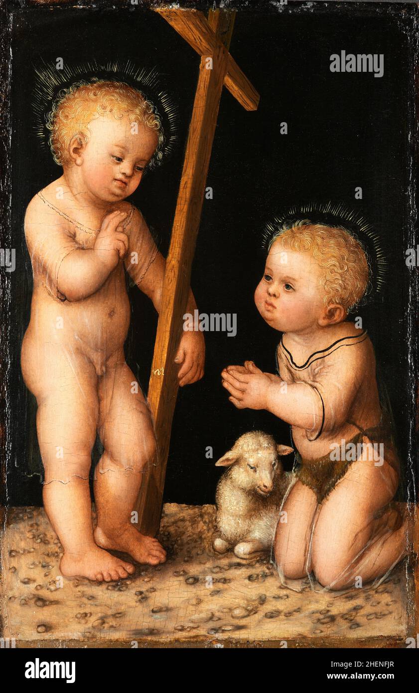 Gesù e Giovanni Battista come bambini che dipingono da Lucas Cranach Foto Stock
