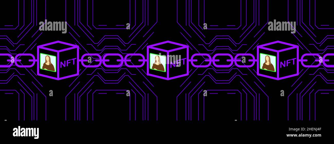 I gettoni non fungibili NFT arte e illustrazione da collezione, utilizzano la tecnologia blockchain per creare oggetti digitali unici per la crioarte, cripto-collezionabili Foto Stock