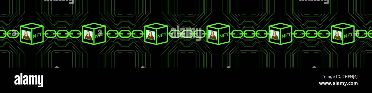 I gettoni non fungibili NFT arte e illustrazione da collezione, utilizzano la tecnologia blockchain per creare oggetti digitali unici per la crioarte, cripto-collezionabili Foto Stock