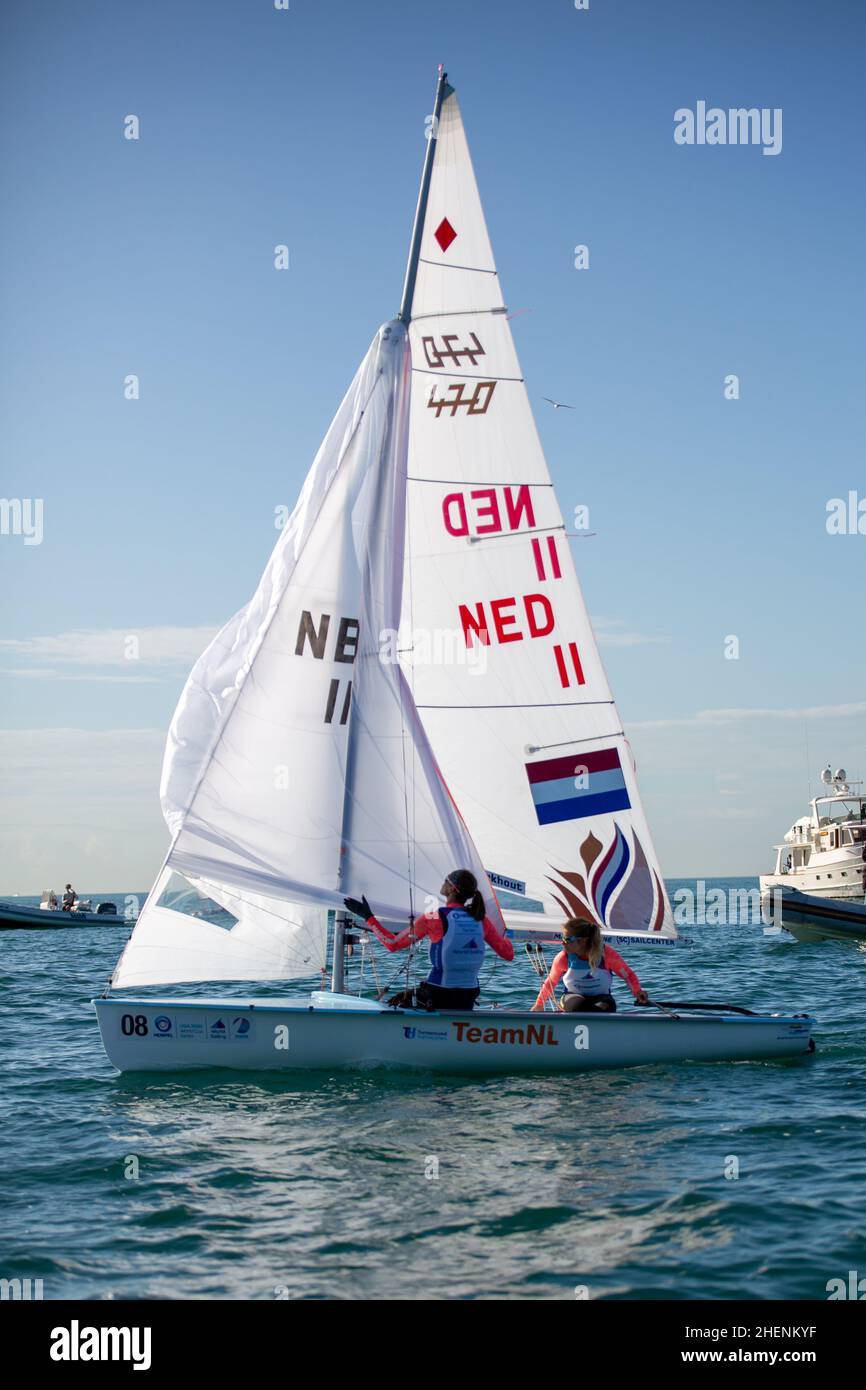 US Open Sailing Series - US Sailing. Serie di Coppa del mondo Hempel a Miami, Florida. Barche a vela. Foto Stock