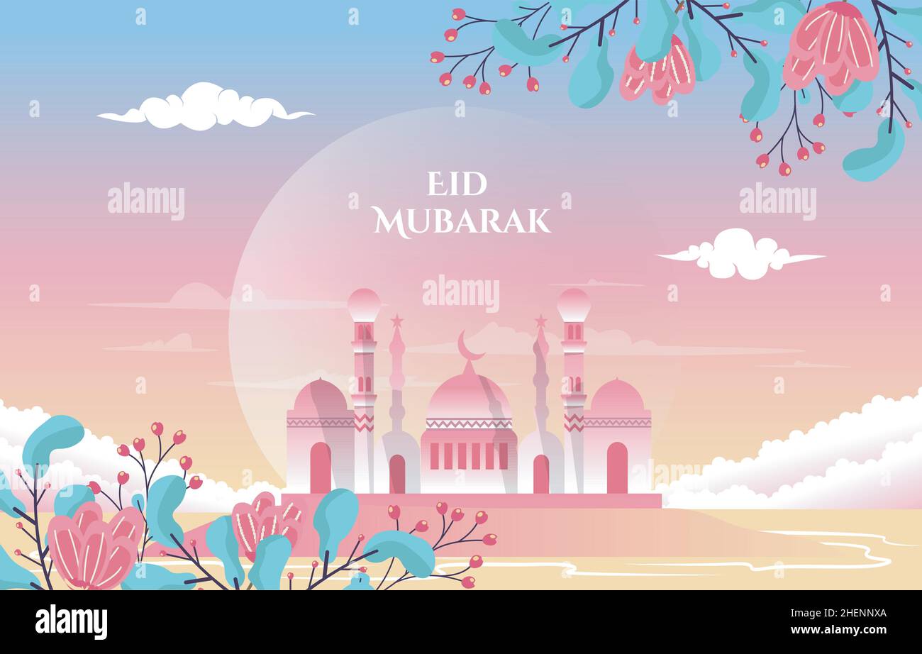 Bella moschea natura Eid Mubarak Islamic Celebration Illustrazione Illustrazione Vettoriale