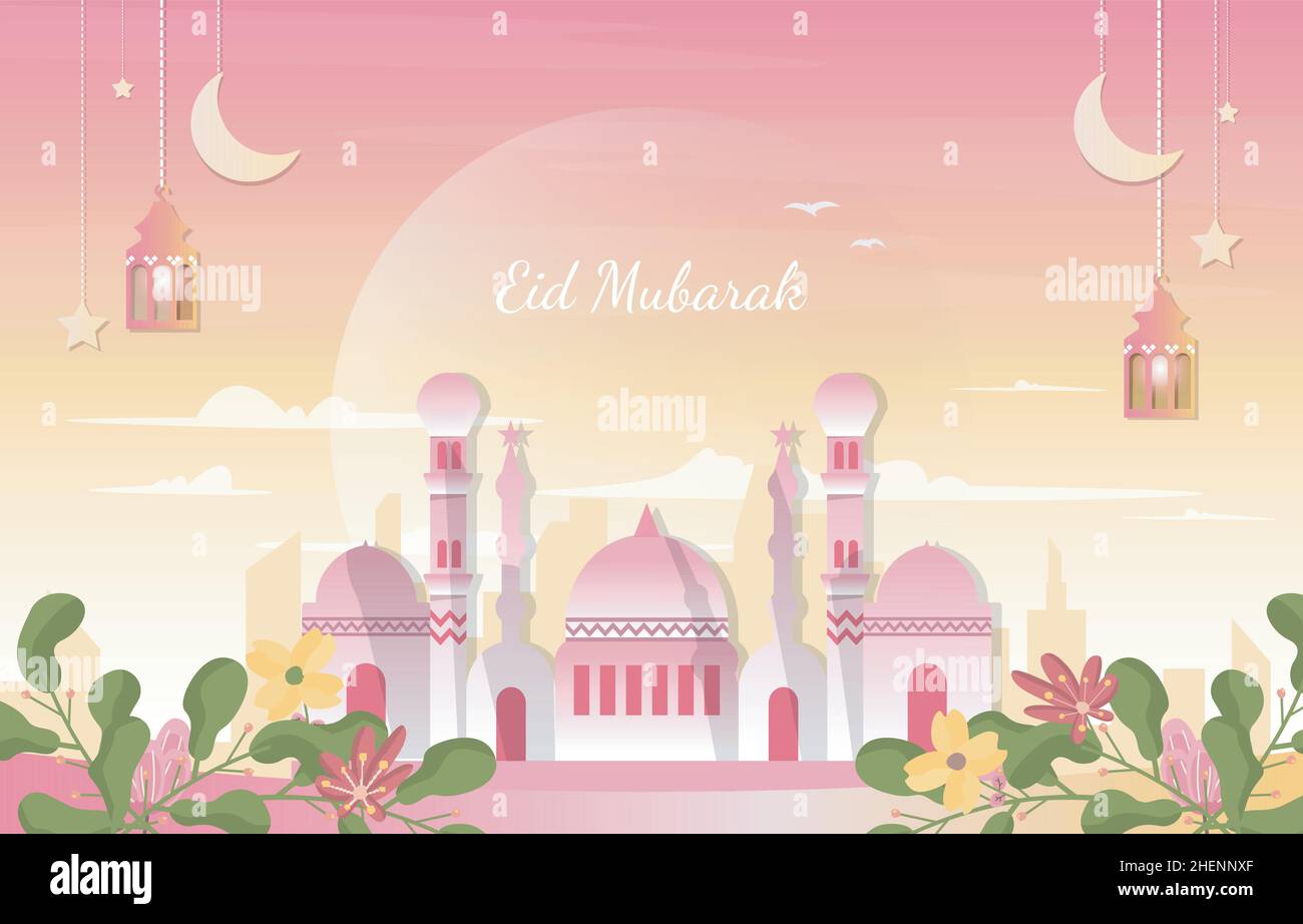 Bella moschea natura Eid Mubarak Islamic Celebration Illustrazione Illustrazione Vettoriale