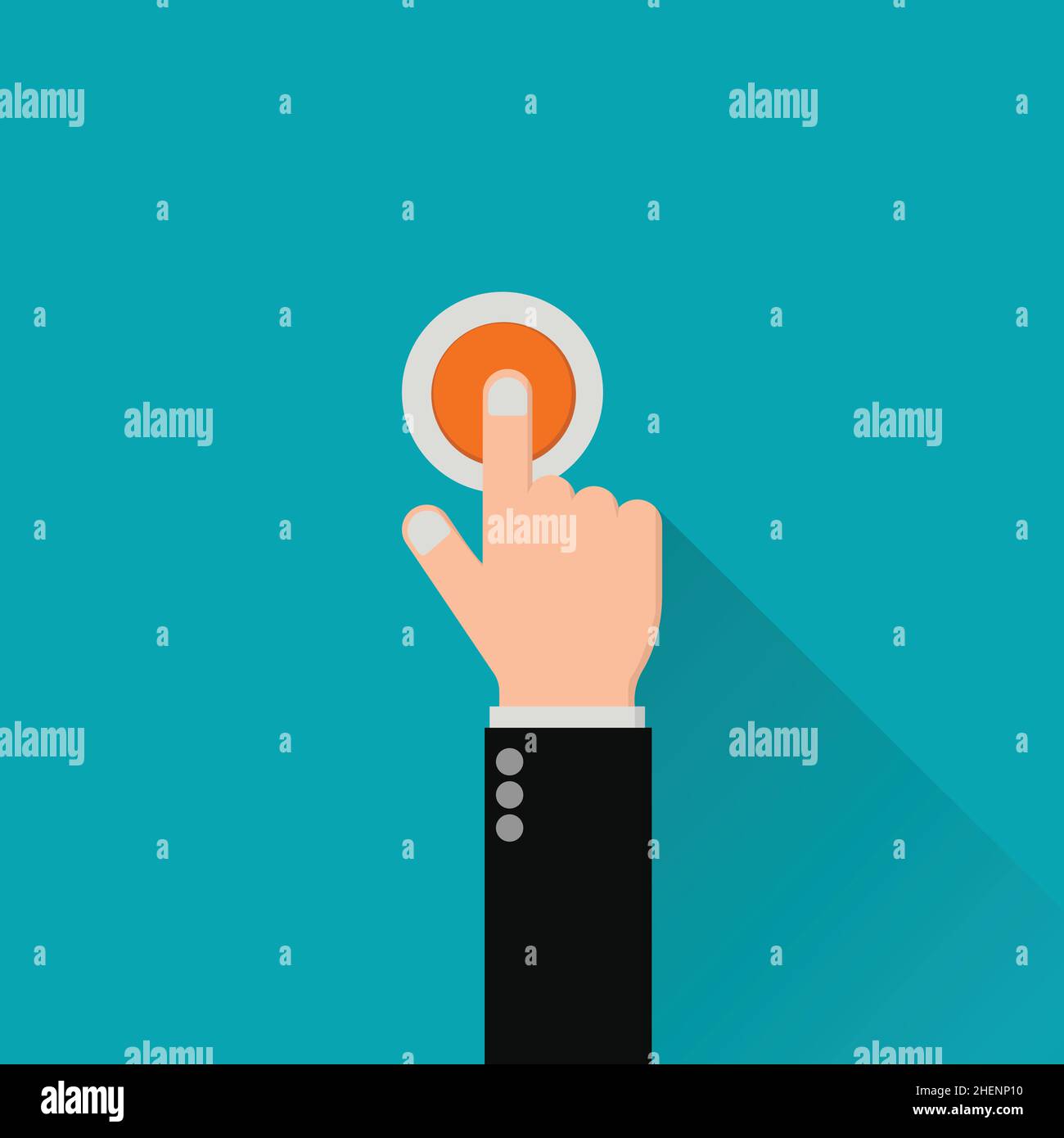 Mano premendo il pulsante arancione del campanello su sfondo verde vettore per grafica, logo, sito web, social media, app mobile, INTERFACCIA UTENTE Illustrazione Vettoriale