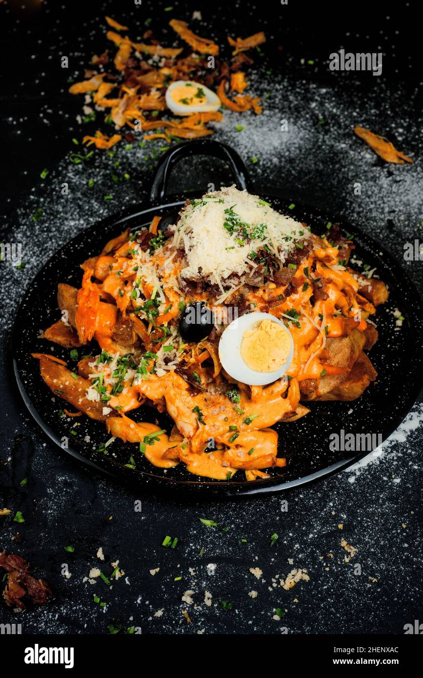 Piatto di patate fritte con pollo, carne a pezzi e formaggio Foto Stock