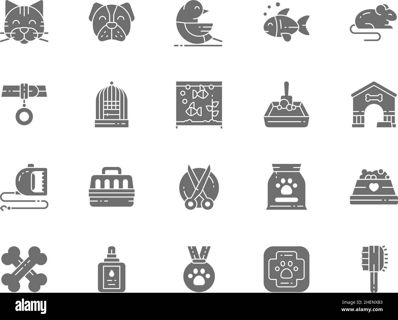 Set di icone Vet Clinic e PET Shop grigie. Gatto, cane, uccello, pappagallo, Pesce, Mouse, Acquario, Medaglia, Strumenti, Forbici, Aiuto medico animale e altro ancora. Confezione da Illustrazione Vettoriale