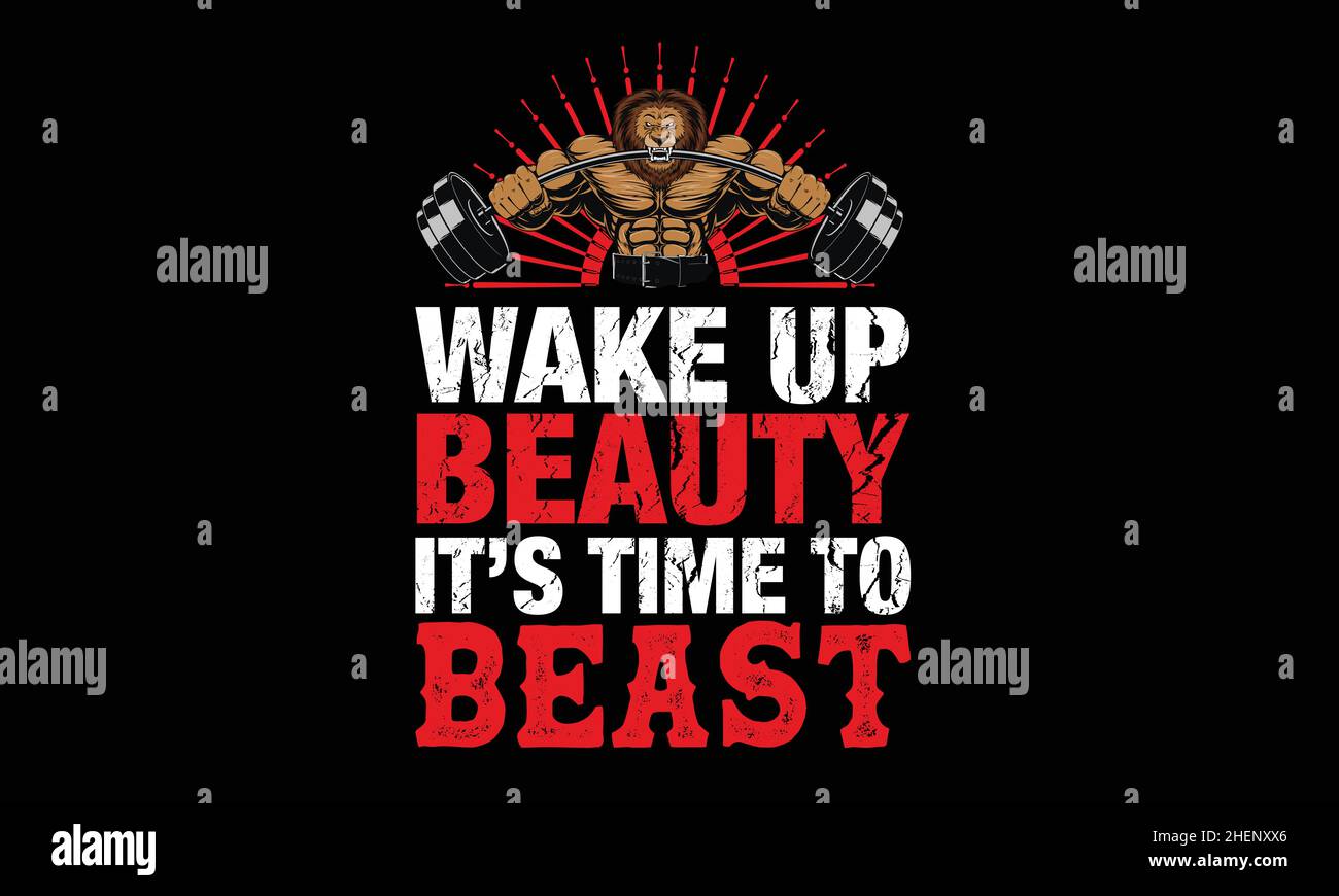 wakeup bellezza il suo tempo di bestia palestra allenamento t-shirt monogramma modello vettoriale Illustrazione Vettoriale