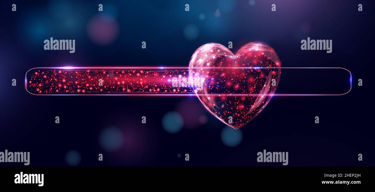 Barra di caricamento amore, polystyle basso. Astratto moderno 3D illustrazione vettoriale su sfondo blu. Illustrazione Vettoriale