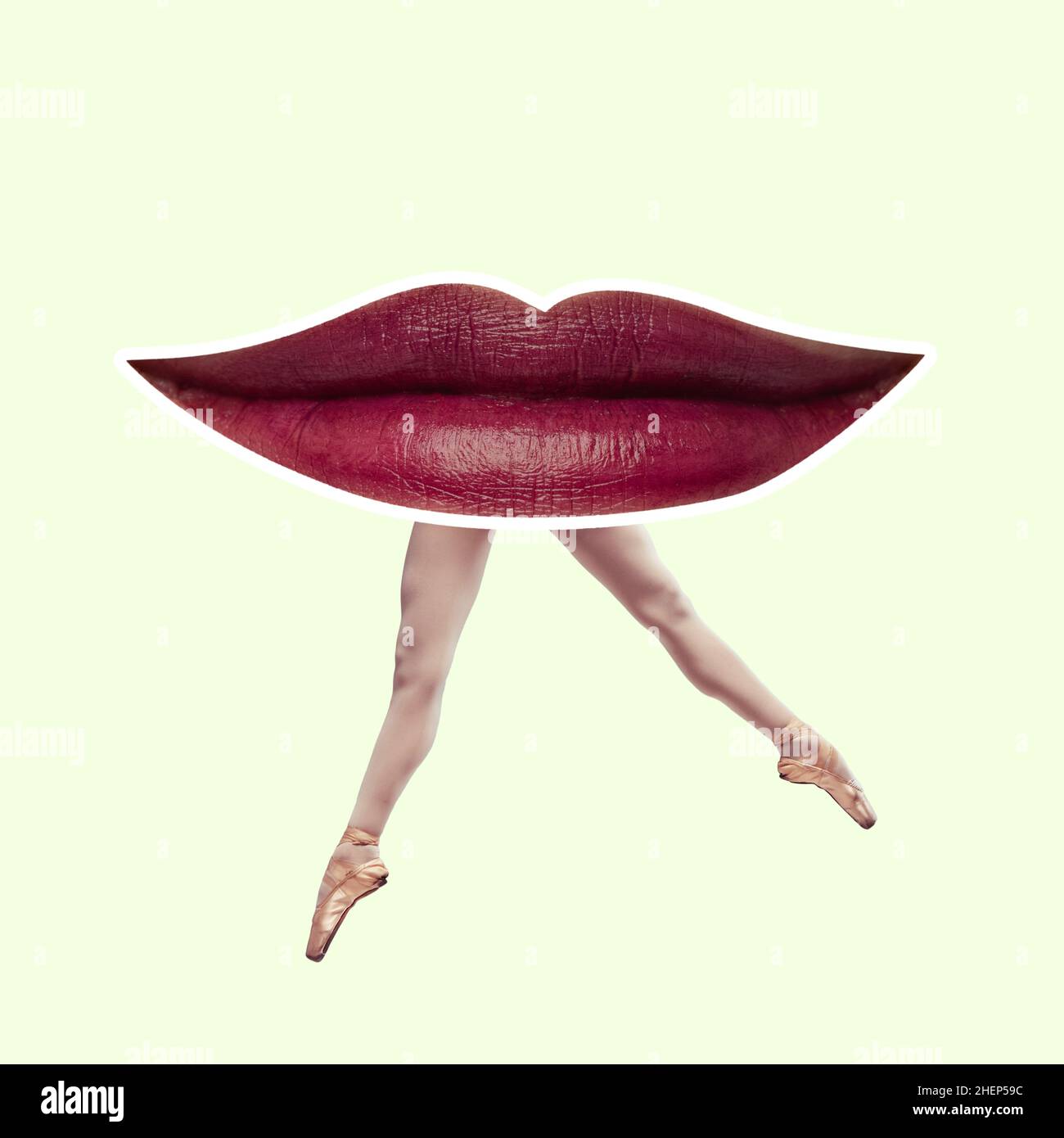 Collage d'arte contemporanea. Ispirazione, idea, stile alla moda della rivista urban. Bocca femmina grande con rossetto rosso brillante sulle gambe della ballerina Foto Stock