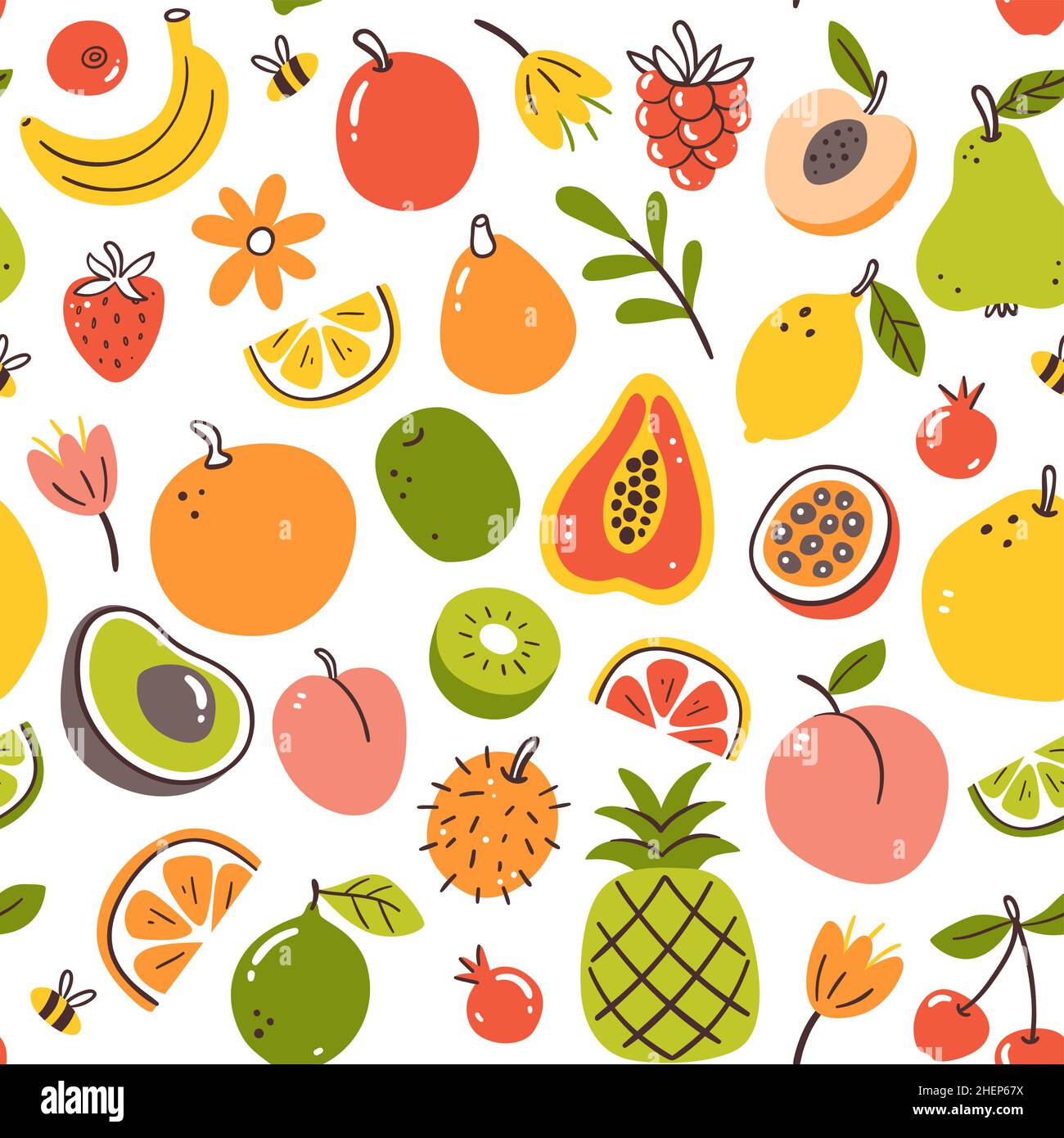 Variopinti frutti di stagione primaverili motivo senza cuciture. Frutta isolata su sfondo bianco. Illustrazione vettoriale. Illustrazione Vettoriale
