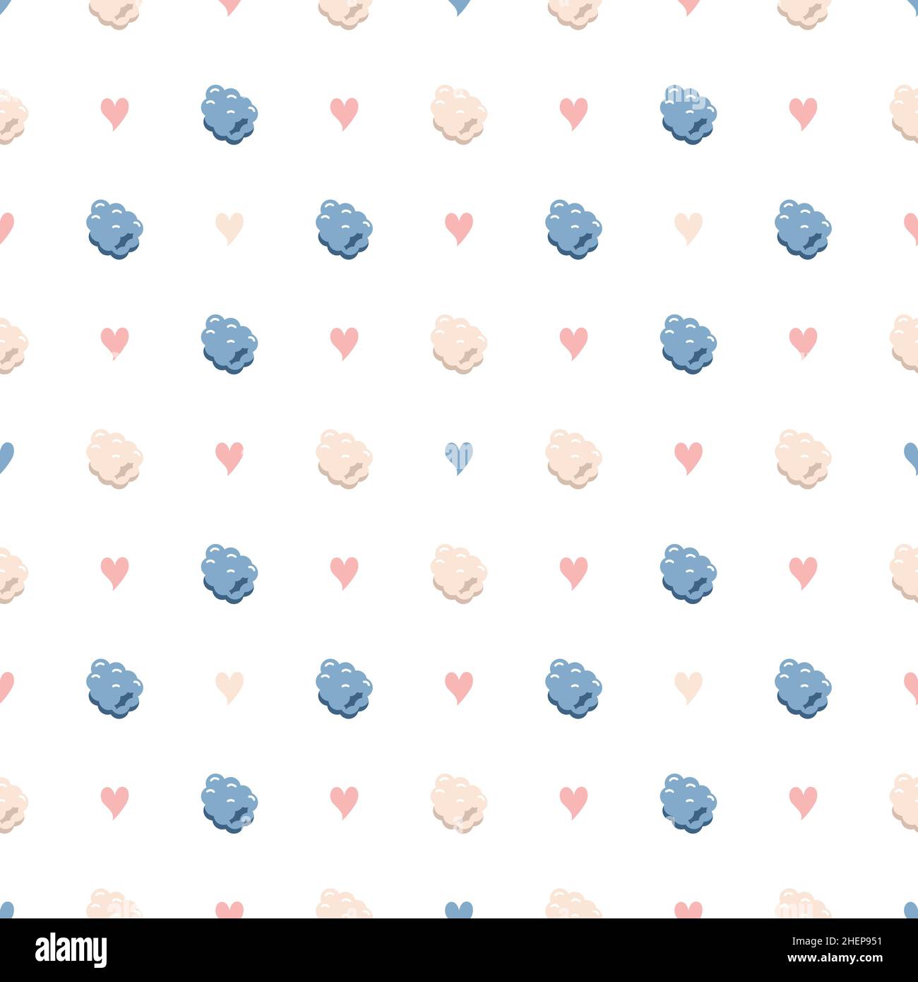 Modello senza cuciture con lamponi e cuori. Bella stampa di frutti di bosco estivi o primaverili. Delicate decorazioni per le vacanze per tessuti, carta da imballaggio e design. Illustrazione piatta vettoriale Illustrazione Vettoriale