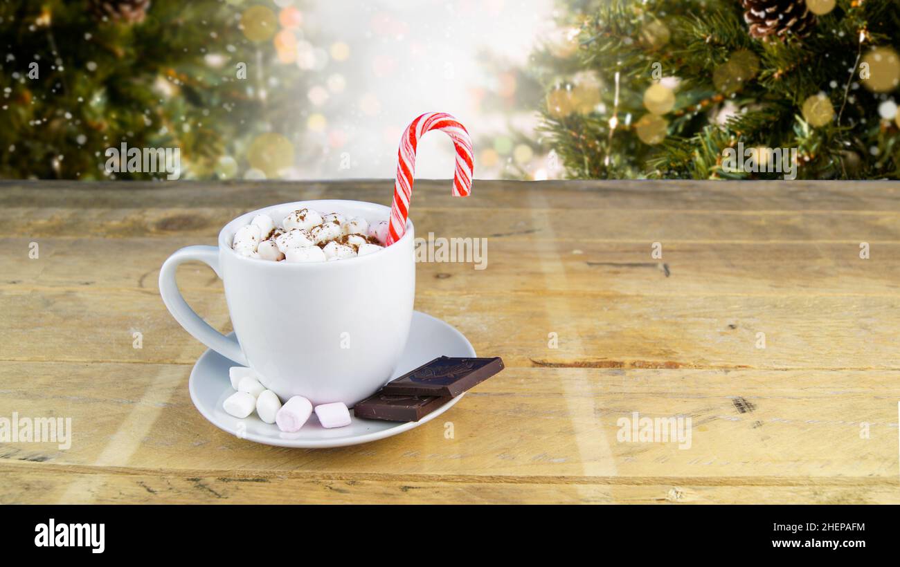 Tazza bianca di cioccolata calda con marshmallows e lecca di natale su tavola di legno con alberi sullo sfondo. Decorazione di Natale. Caldo stagionale Foto Stock