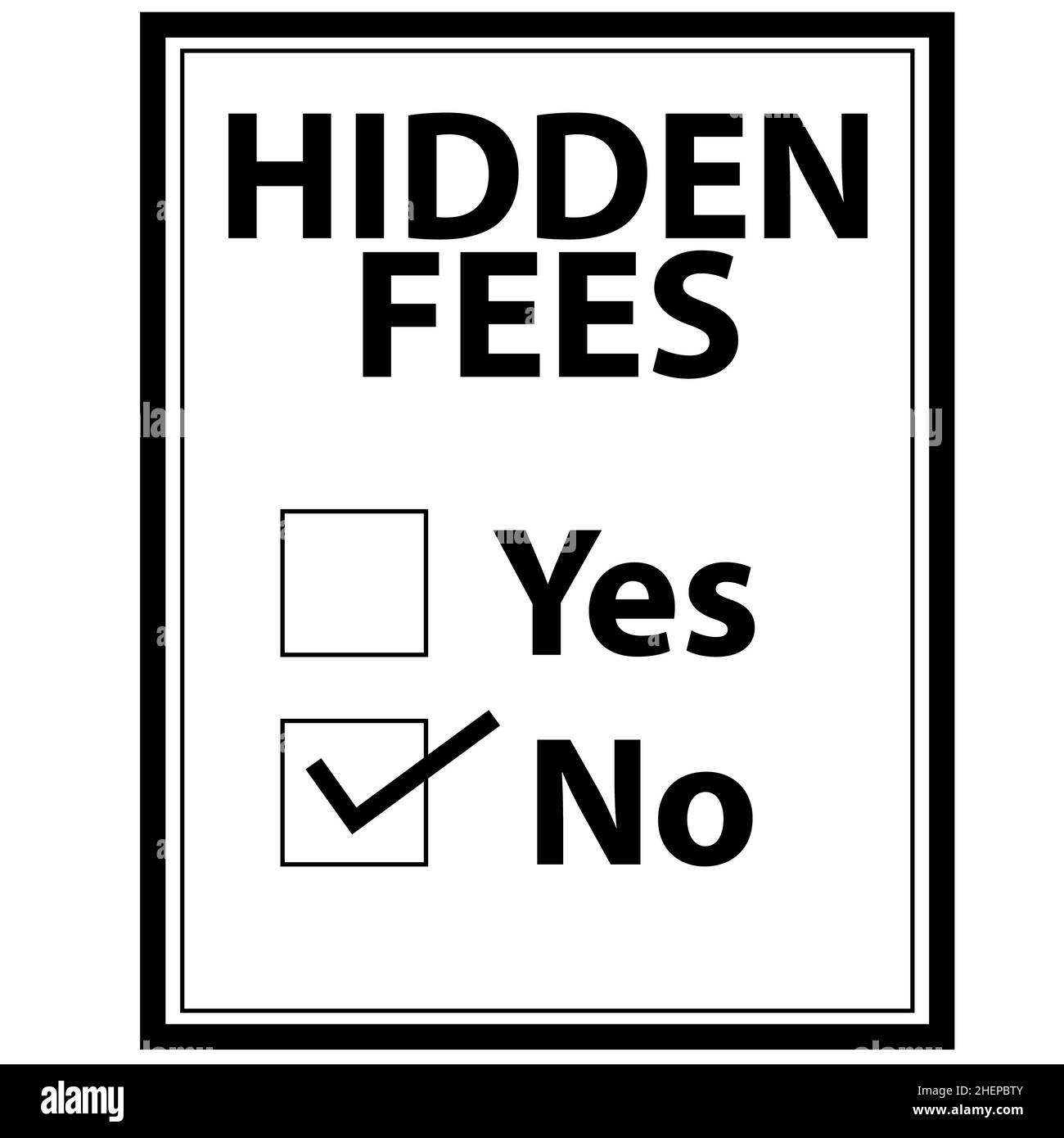 Nessun costo nascosto su sfondo bianco. Segno di assenza di pagamenti. Concetto anti corruzione. Stile piatto. Foto Stock