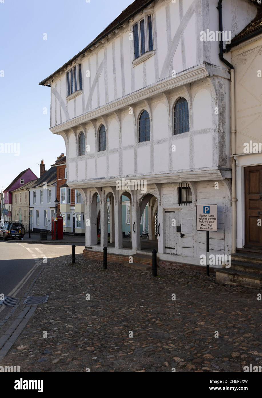 Vista laterale della Guildhall medievale di Thaxted, Essex Foto Stock