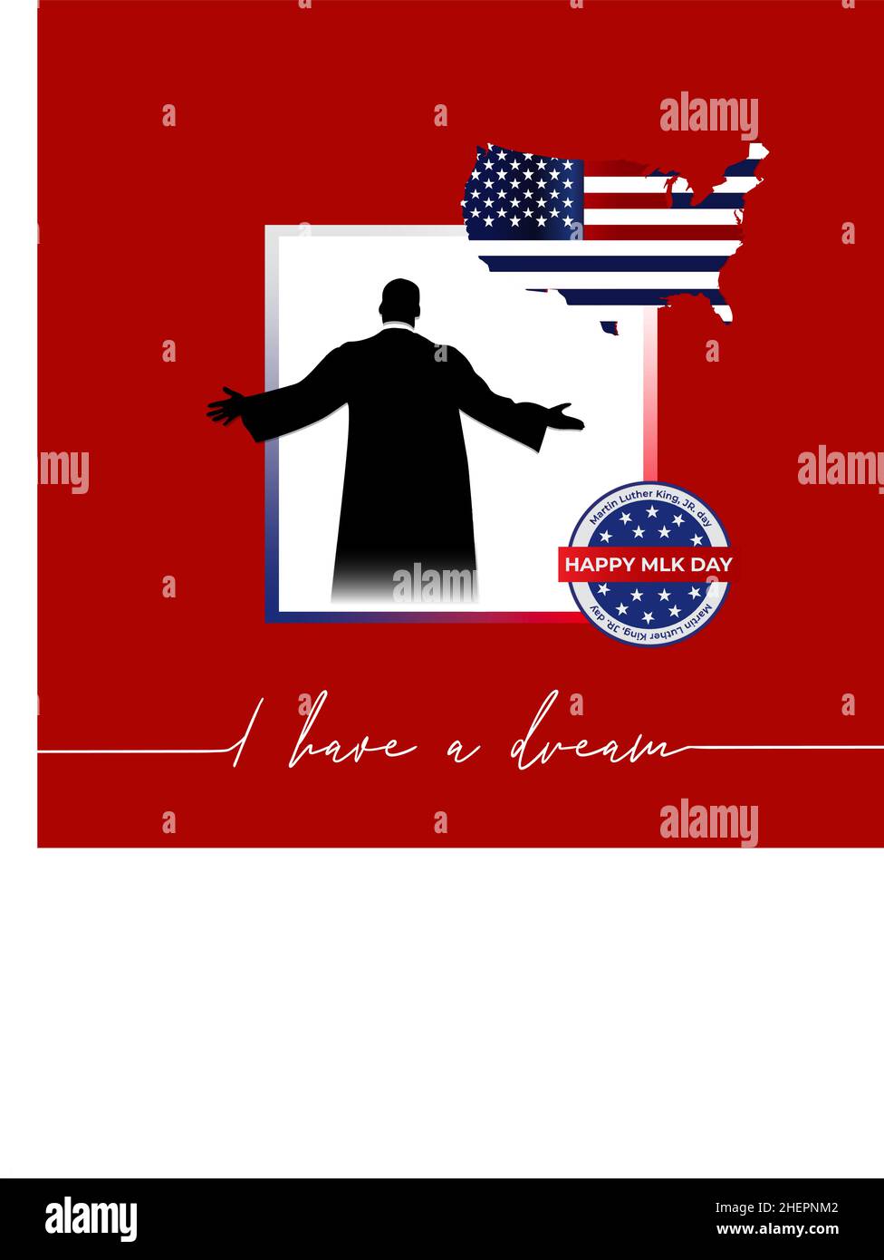 Martin Luther King Jr. Day design con sfondo bandiera USA. Buon giorno MLK. Ho un sogno. Illustrazione Vettoriale