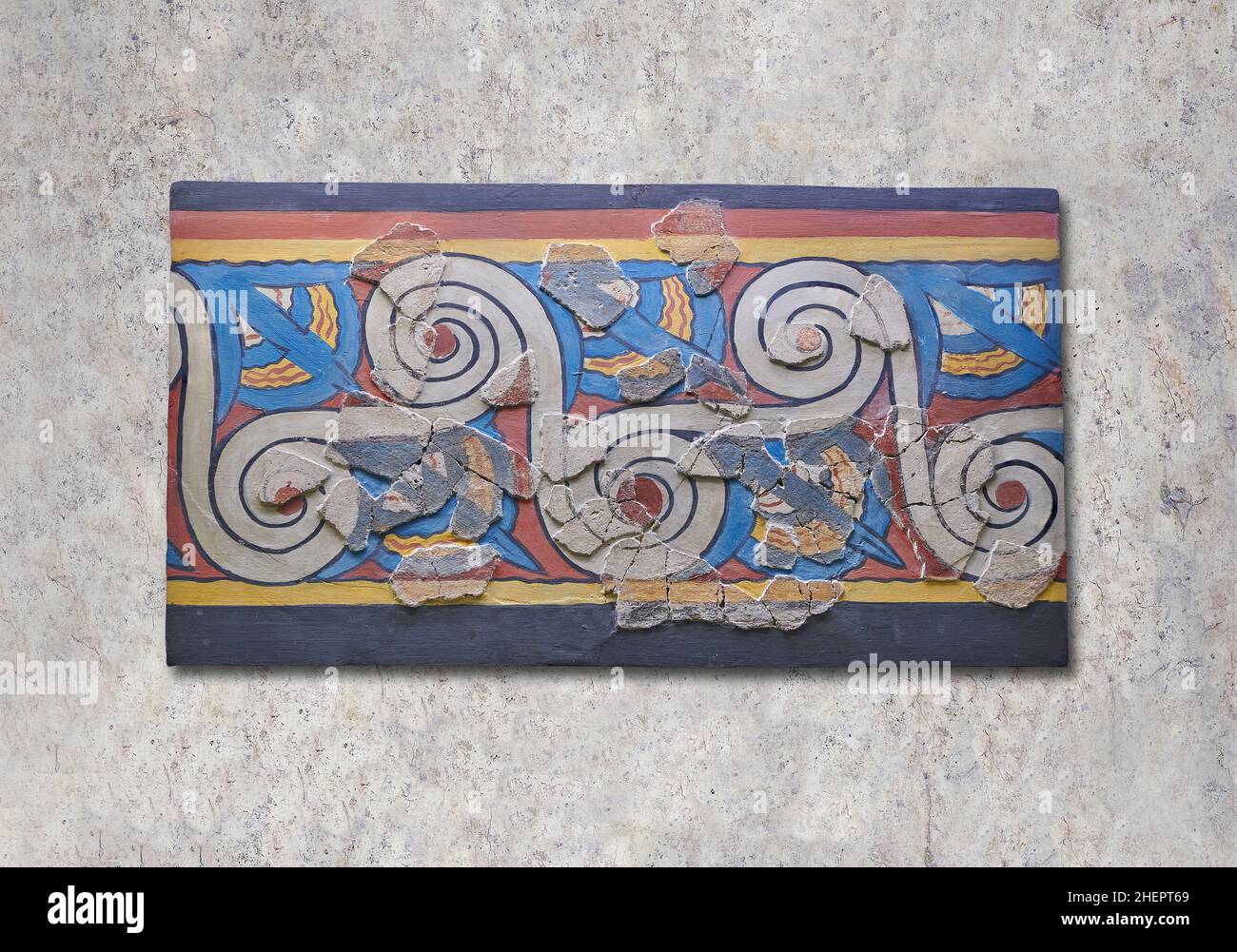 Affresco murale miceneo con spirali running e decorazioni in loto dal Palazzo di Micene, zona pithos, 1500-1400 a.C. Micene. Micene archeologica Foto Stock