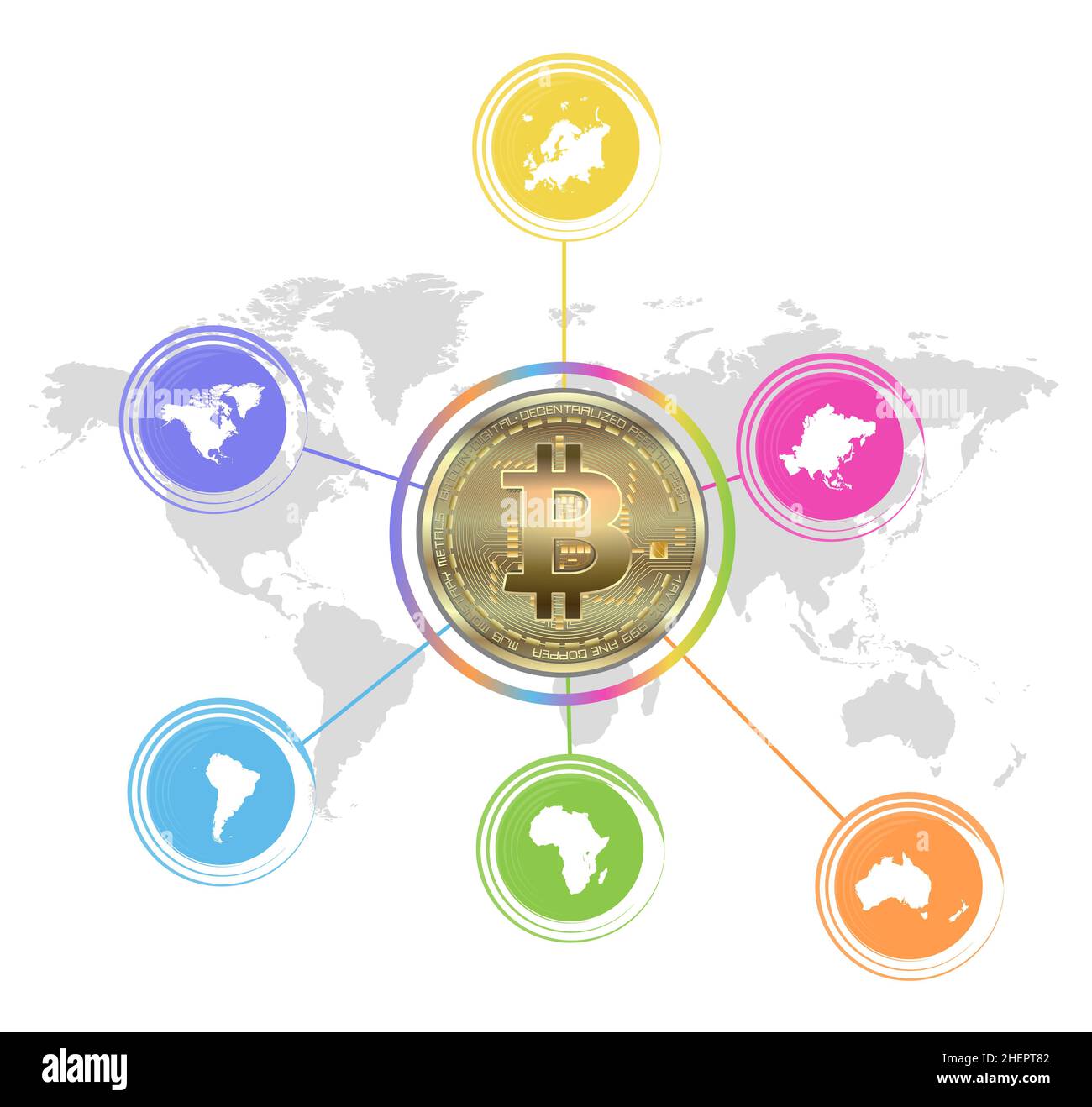 Moneta d'oro Bitcoin, Mappa del mondo e continenti, infografica isolata su sfondo bianco vettore Foto Stock