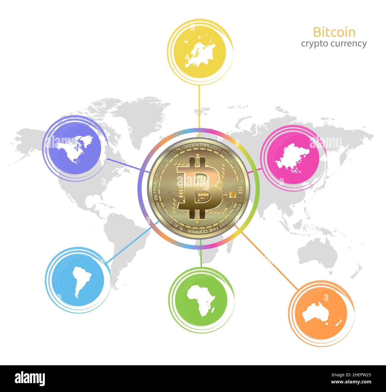 Moneta d'oro Bitcoin, Mappa del mondo e continenti, infografica isolata su sfondo bianco vettore Illustrazione Vettoriale