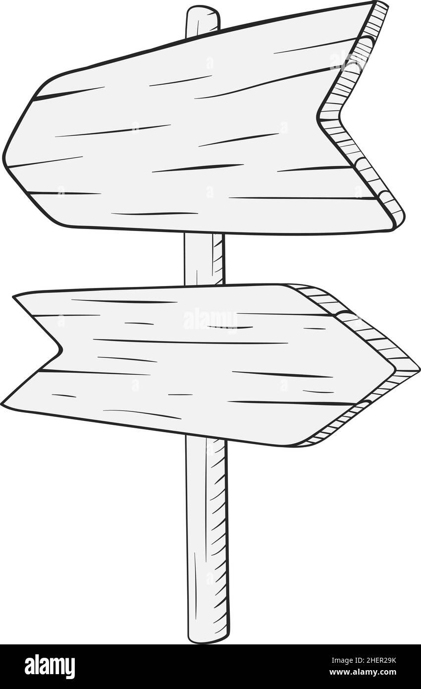 Puntatori di direzione vuoti. Cartello con frecce in legno in stile lineare Illustrazione Vettoriale