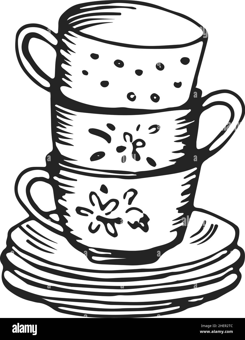 Tazze e sezionatori impilati. Un mucchio di tè servito set Illustrazione Vettoriale