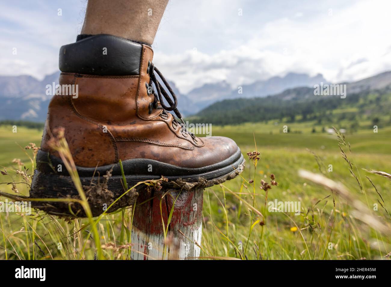 Scarpa da trekking di fronte ad un panorama montano Foto Stock