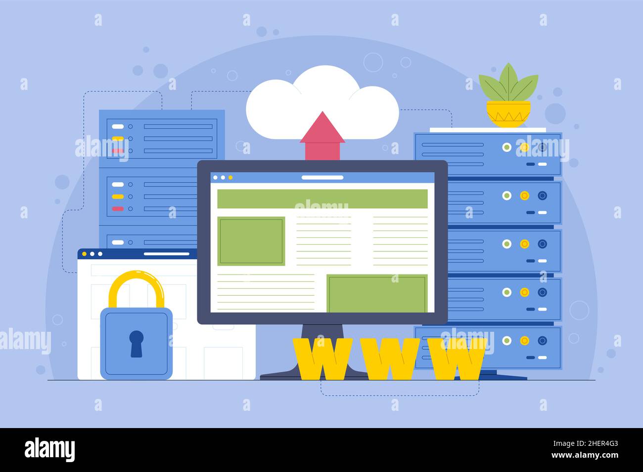 Sito web di design piatto che ospita illustrazione Vector illustrazione. Illustrazione Vettoriale