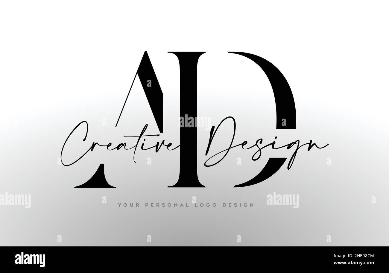 Logo AD Letter con carattere Serif. LOGO DELL'ICONA DELL'ANNUNCIO con illustrazione vettoriale minimalista con lettere creative unite Illustrazione Vettoriale