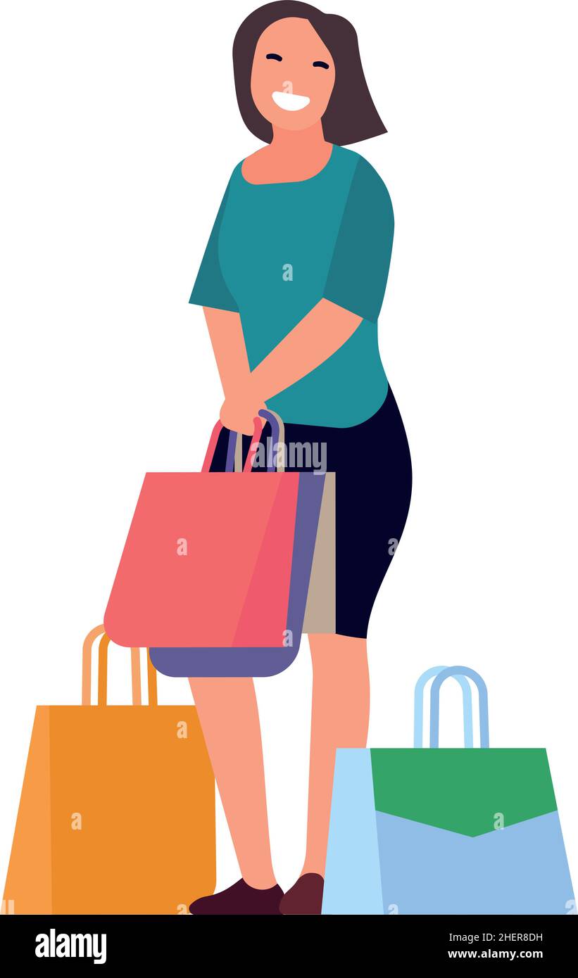 Donna in piedi con acquisti in borsa di carta. Concetto di cliente felice Illustrazione Vettoriale