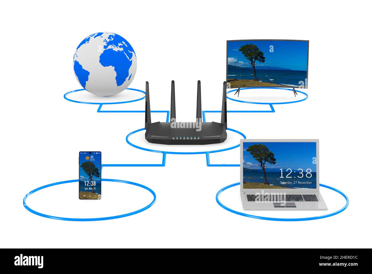 sistema di rete domestica su sfondo bianco. Illustrazione 3D isolata Foto Stock