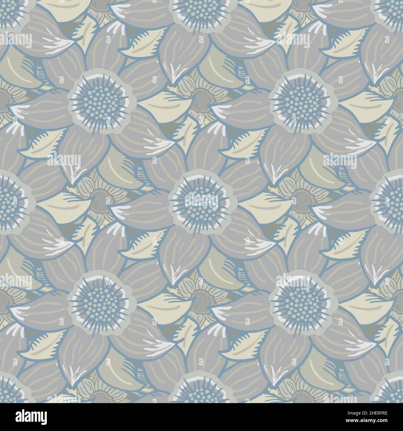 Modello senza giunture a sei petali neutri. Beige grigio muto, sfondo blu con fiori e foglie disegnati a mano. Pianta della giungla che si sovrappone Illustrazione Vettoriale