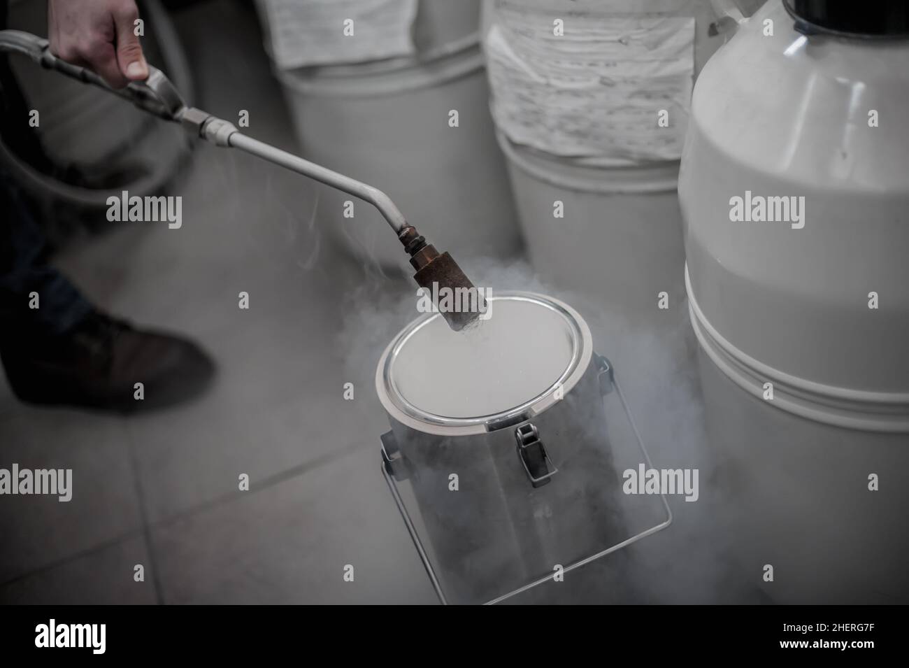 Il tecnico dell'azoto liquido riempie il contenitore criogenico Foto stock  - Alamy
