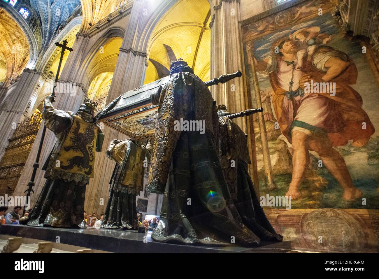 Tomba di Cristobal Colon all'interno della cattedrale di Siviglia, Andalusia, Spagna Foto Stock