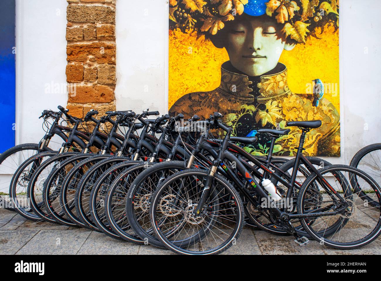 Biciclette parcheggiate su un murale vicino al mercato centrale di Cádiz, Costa de la Luz, Andalusia, Spagna. Il pittore Nicoletta Tomas è una donna di Foto Stock