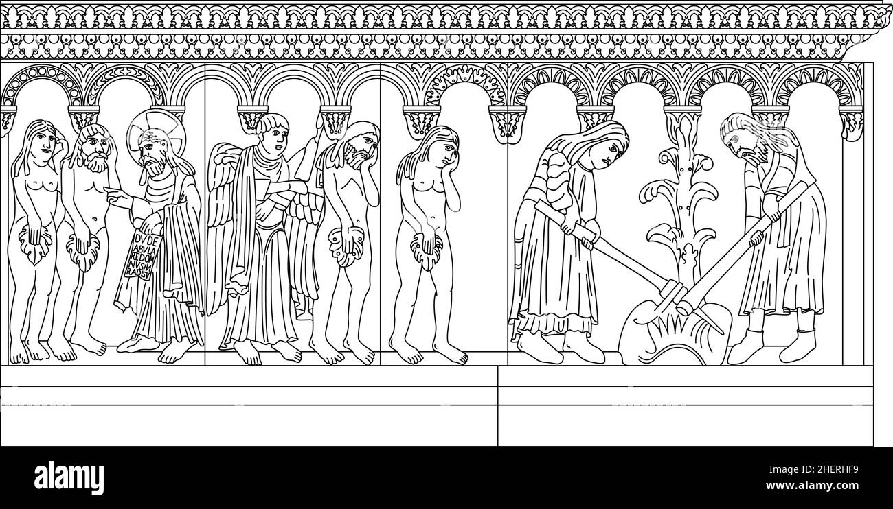 Bassorilievo romanico della cattedrale di Modena, Italia, ciclo di genesi, illustrazione vettoriale a linee su sfondo bianco, patrimonio mondiale dell'UNESCO Illustrazione Vettoriale