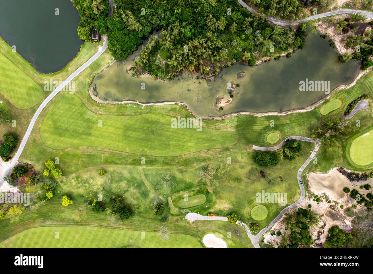 Vista aerea, baia vicino Grand Port, il aux Cerfs con campo da golf, Flacq, Mauritius Foto Stock