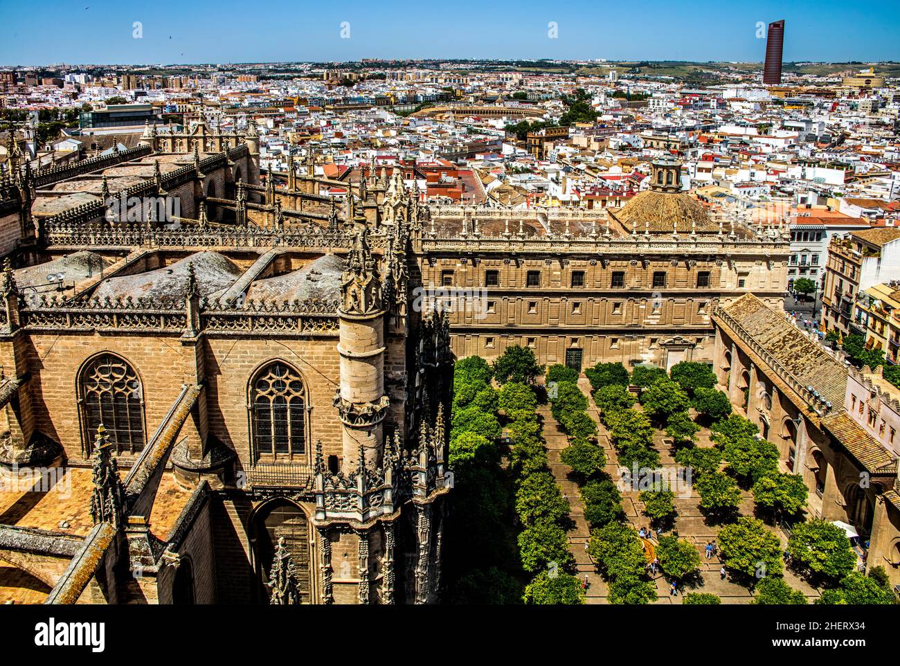 Vista dalla Giralda al cortile arancione, Cattedrale, Siviglia, Siviglia, Andalusia, Spagna Foto Stock