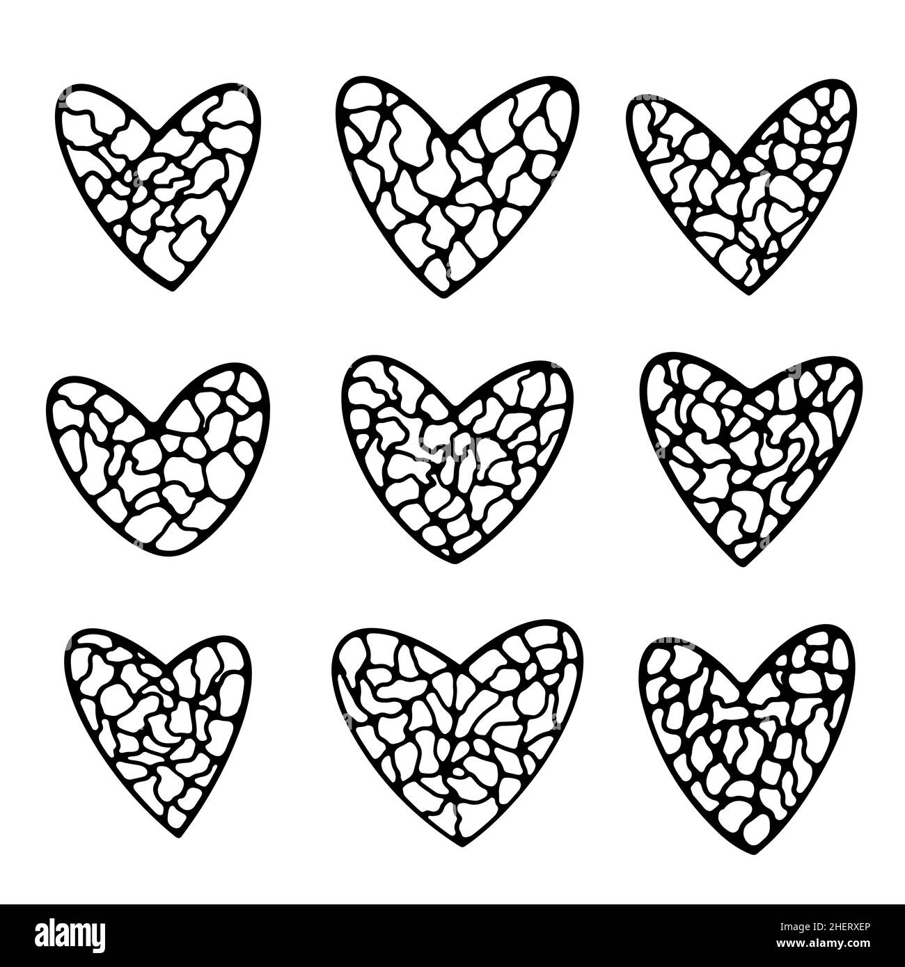 Set di cuori scarabocchio con motivo nuerografico mosaico all'interno inchiostro disegno a mano disegno vettore illustrazione per carte holydays amore San Valentino design. Illustrazione Vettoriale