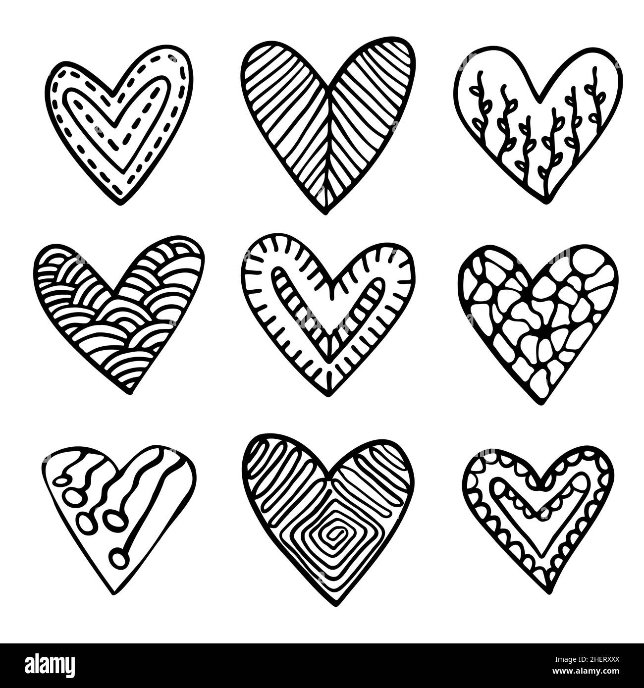 Set di cuori scarabocchio con motivo dentro inchiostro disegno a mano disegno vettore illustrazione per le carte holydays amore San Valentino disegno. Illustrazione Vettoriale