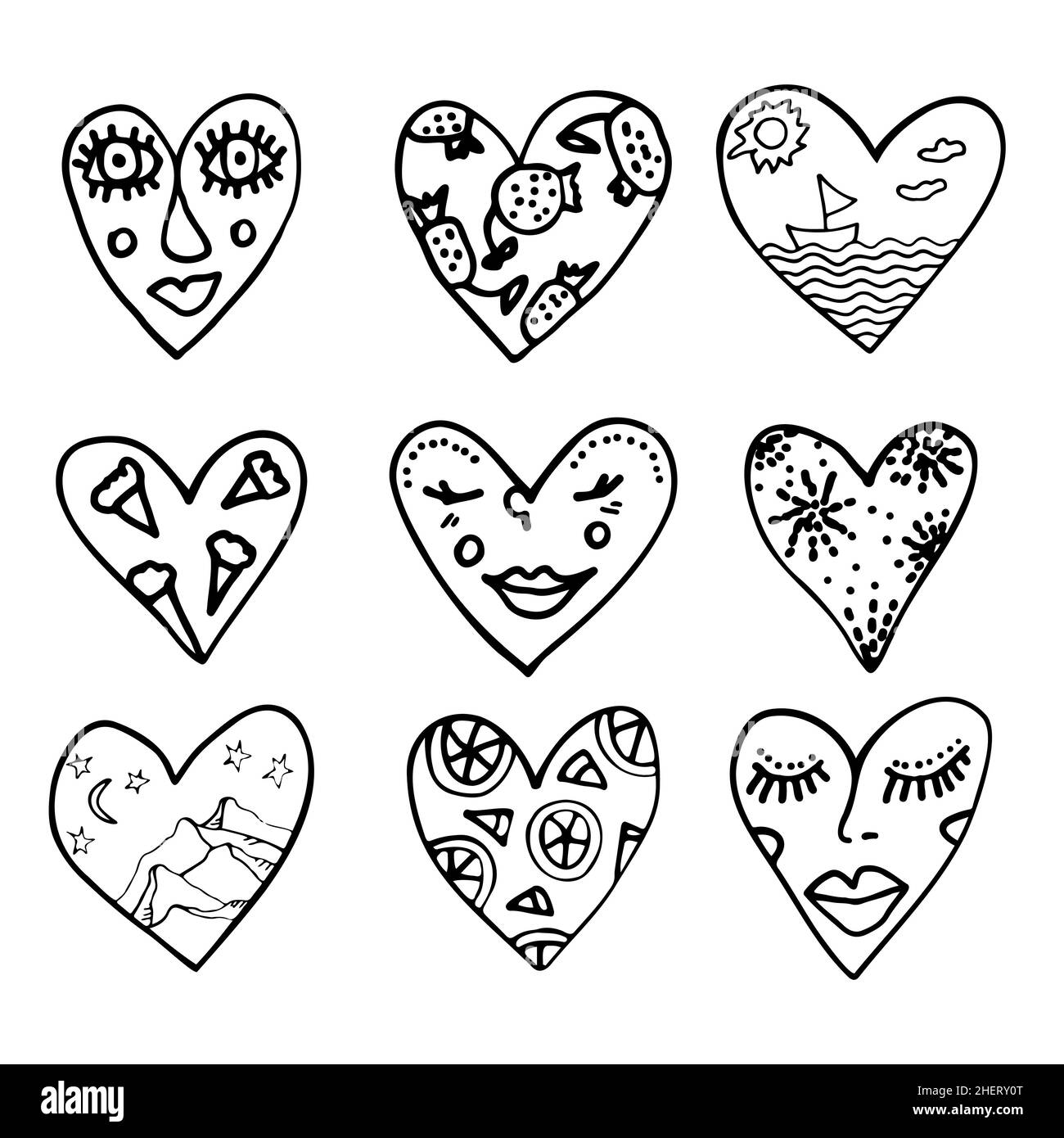 Set di cuori di barbatella con faccia frutta disegno di frana dentro inchiostro disegno a mano disegno vettoriale illustrazione per le carte holydays amore San Valentino disegno. Illustrazione Vettoriale