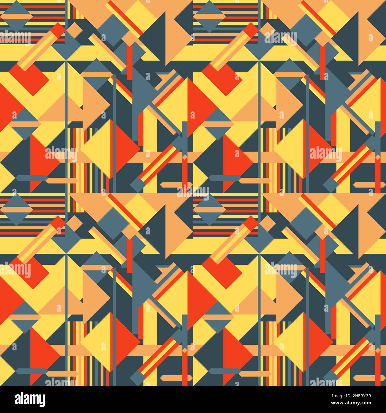Stampa astratta di moda geometrica. Pattern vettoriale senza giunture. Texture geometrica per carta da imballaggio, modello tessile. Rosso, arancione e giallo. Illustrazione Vettoriale