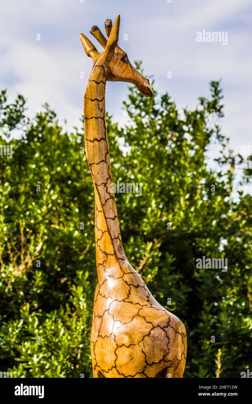 Giraffa di legno Figurine, Sudafrica, Knysna Foto Stock
