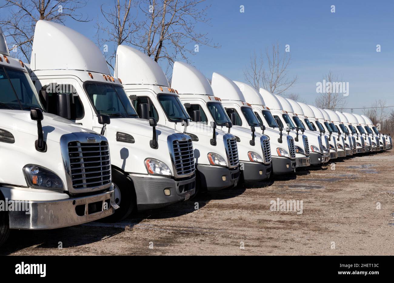 Indianapolis - Circa Gennaio 2022: Veicoli semirimorchio per semirimorchio Freightliner allineati per la vendita. Freightliner è di proprietà di Daimler. Foto Stock