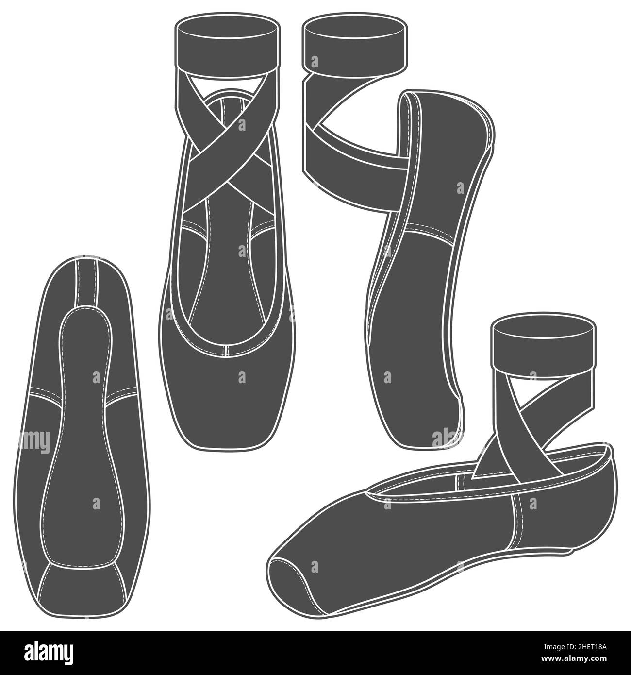 Set di illustrazioni in bianco e nero con scarpe a punta, scarpe da balletto. Oggetti vettoriali isolati su sfondo bianco. Illustrazione Vettoriale